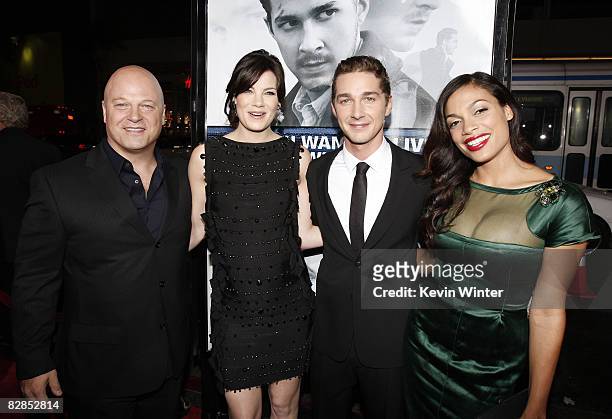 Actors Michael Chiklis, Michelle Monaghan, Shia LaBeouf and Rosario Dawson pose at the premiere of Dreamwork's "Eagle Eye" at the Chinese Theater on...