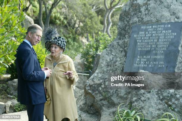 The Prince of Wales during a visit to The Mortella Gardens on the Island of Ischia with Lady Susana Walton, the widow of British composer Sir William...