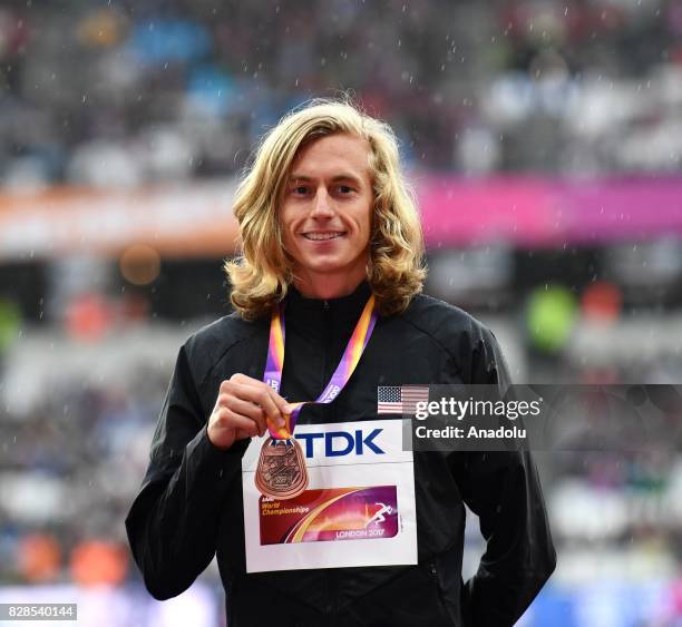 Bronze medalist Evan Jager of the USA poses with his medal for the Men's 3000 metres Steeplechase during the "IAAF Athletics World Championships...