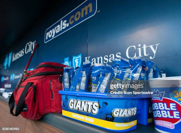 Sunflower seeds being made available in the visitors dugout during the MLB regular season game between the St. Louis Cardinals and the Kansas City...