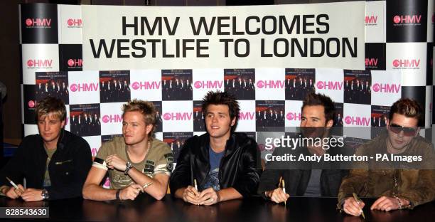 Pop band Westlife complete the final leg of their 36 hour launch tour for their new album 'Unbreakable' at HMV, Trocedero in London. Westlife are...