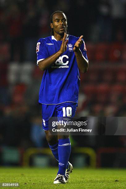 Cameron Jerome of Birmingham thanks the support after the Coca-Cola Championship match between Bristol City and Birmingham City at Ashton Gate on...