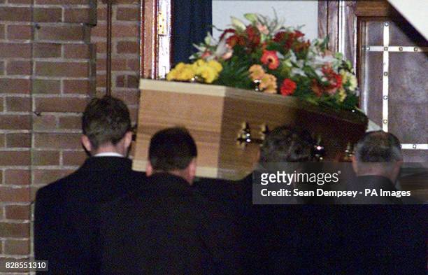 The coffin of Myra Hindley, arrives for her funeral service in the East Chapel of Cambridge Crematorium. A small private service will be held before...