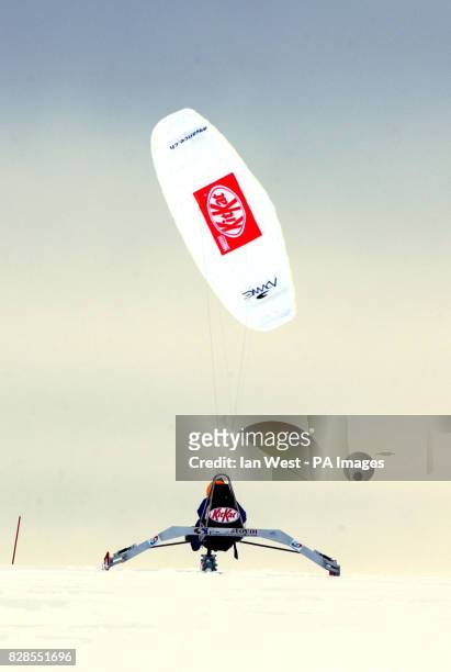 Brian Cunningham aged 59 a Northern Irishman who live in Bolton piloting the state-of-the-art Kit Kat kite-powered buggy designed by Williams F1...