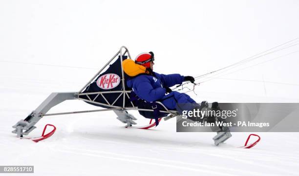 Brian Cunningham aged 59 from Northern Ireland piloting the state-of-the-art Kit Kat kite-powered buggy designed by Williams F1 engineer Keiron...