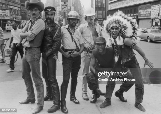 The Village People promote their appearance in Allan Carr's musical comedy 'Can't Stop the Music', 1980. From left to right, they are Randy Jones,...
