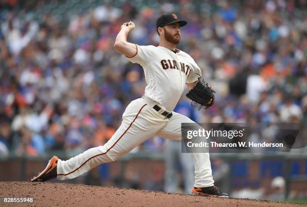 Sam Dyson of the San Francisco Giants pitches against the Chicago Cubs in the top of the ninth inning at AT&T Park on August 9, 2017 in San...