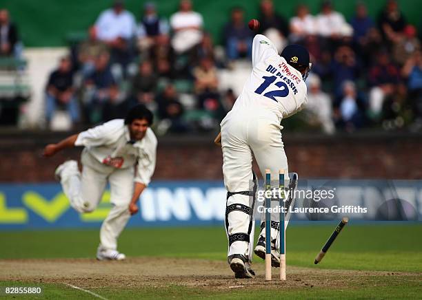 Francois Du Plessis of Lancashire is bowled by Amjad Khan of Kent during the LV County Championship Match between Lancashire and Kent at Liverpool...