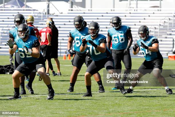 Jacksonville Jaguars offensive lineman Tyler Shatley , Jacksonville Jaguars offensive lineman Luke Bowanko and Jacksonville Jaguars offensive lineman...