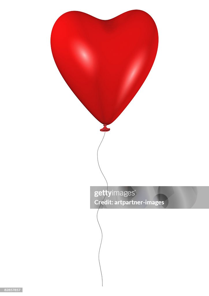 Red heart balloon with cord flies on white