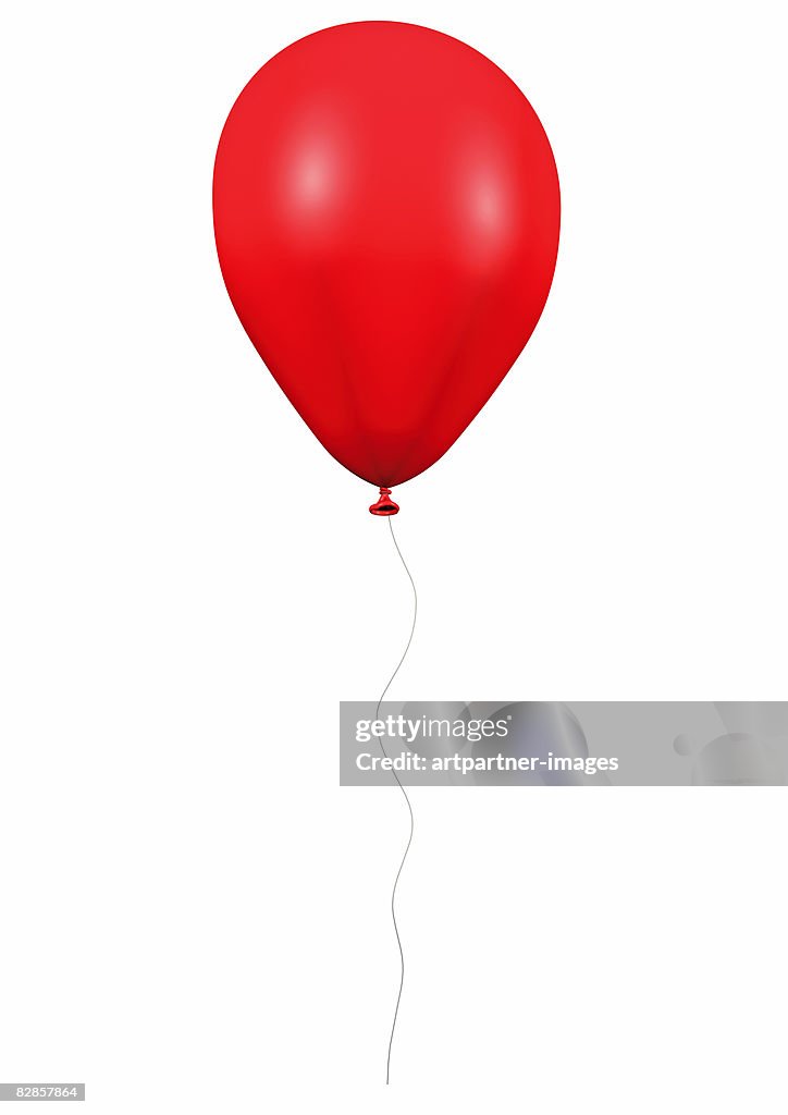 Red balloon with cord on white background