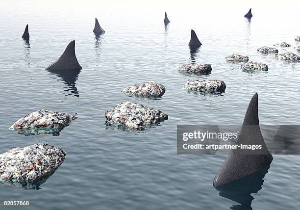 sharks circling along a way made of steppingstones - stepping stone stock illustrations