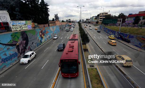 General view of traffic driving through 26 street in Bogota, ahead of Pope Fracis' visit next September, on August 9, 2017. - Pope Francis will make...