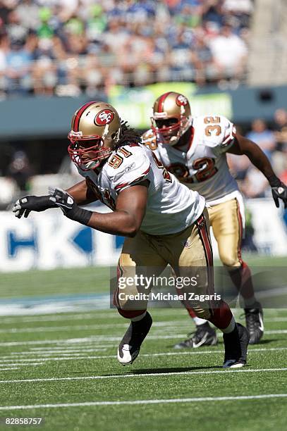 Defensive end Ray McDonald of the San Francisco 49ers rushes the passer during an NFL game against the Seattle Seahawks on September 14, 2008 at...