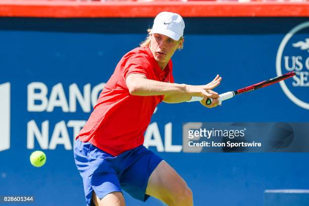 Denis Shapovalov returns the ball during his second round match at ATP Coupe Rogers on August 9 at Uniprix Stadium in Montreal, QC.