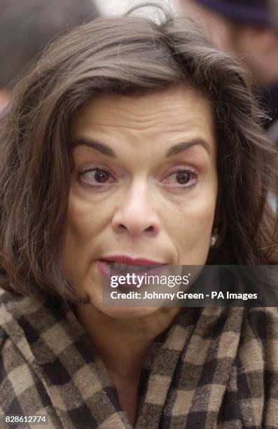 Human rights campaigner Bianca Jagger talks to the press as she joins protesters on the march through central London demonstrating against war with...