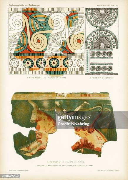 ancient mycenaean frescos and frieze in tiryns - fresco stock illustrations