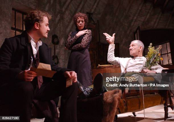 Actors Sir Ian McKellen Frances De La Tour and Owen Teale on stage during a photocall to promote the new adaptation by Richard Greenberg of Dance of...