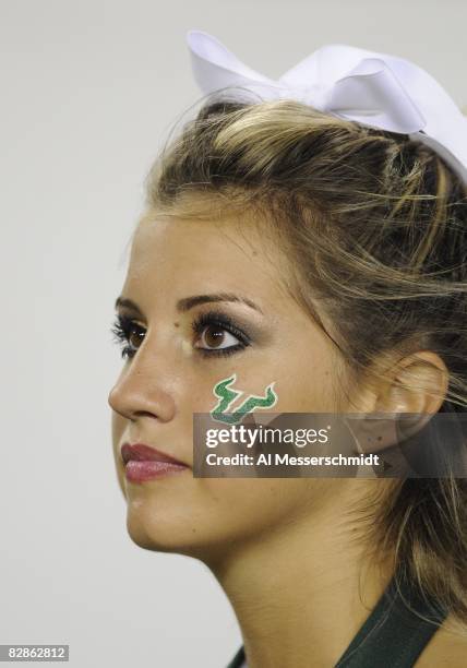 Cheerleader of the University of South Florida Bulls watches play during play against the Kansas University Jayhawks at Raymond James Stadium on...