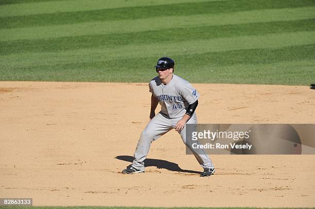 Travis Snider of the Toronto Blue Jays leads off second base during the game against the Chicago White Sox at U.S. Cellular Field in Chicago,...