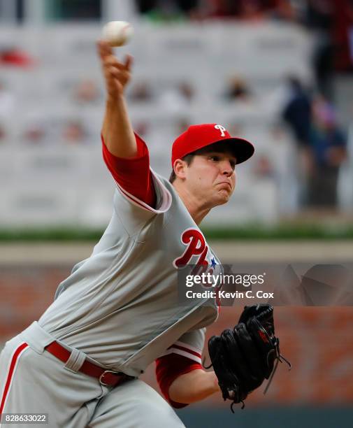 Jerad Eickhoff of the Philadelphia Phillies pitches in the first inning against the Atlanta Braves at SunTrust Park on August 9, 2017 in Atlanta,...