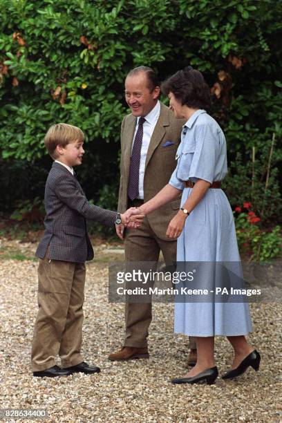 Prince William is welcomed to Ludgrove Preparatory School near Wokingham, Berks. By join headmaster Nichol Marston and Janet Barber, wife of the...