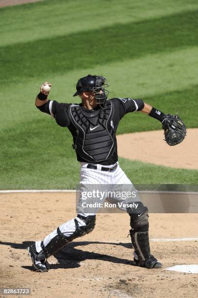 Pierzynski of the Chicago White Sox throws during the game against the Toronto Blue Jays at U.S. Cellular Field in Chicago, Illinois on September 09,...