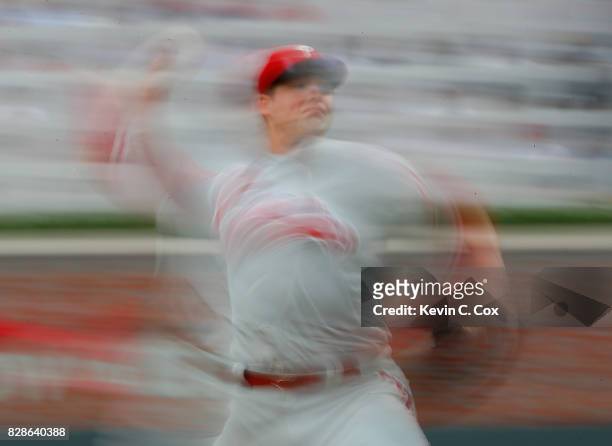 Jerad Eickhoff of the Philadelphia Phillies pitches in the first inning against the Atlanta Braves at SunTrust Park on August 9, 2017 in Atlanta,...