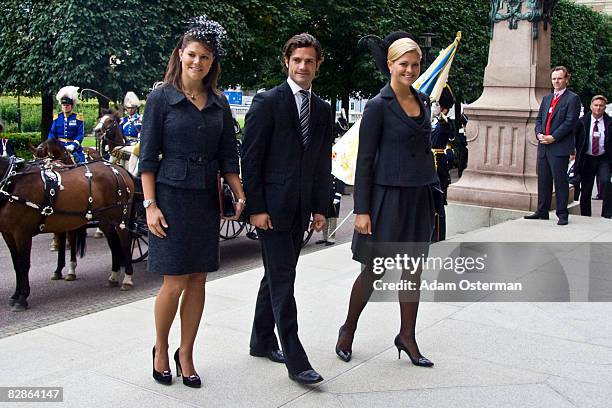 Crown Princess Victoria, Prince Carl Philip and Princess Madeleine of Sweden attend the opening of the new session of Parliament at The Riksdag on...