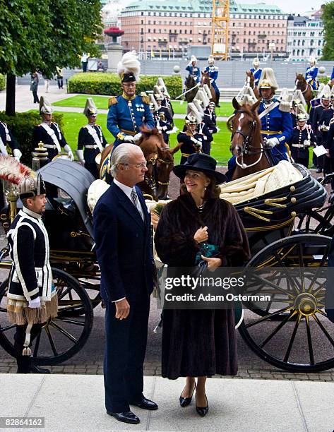 King Carl XVI Gustaf and Queen Silvia of Sweden attend the opening of the new session of Parliament at The Riksdag on September 16, 2008 in...