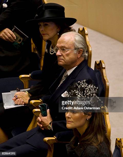 Queen Silvia and King Carl XVI Gustaf of Sweden and Crown Princess Victoria of Sweden attend the opening of the new session of Parliament at The...
