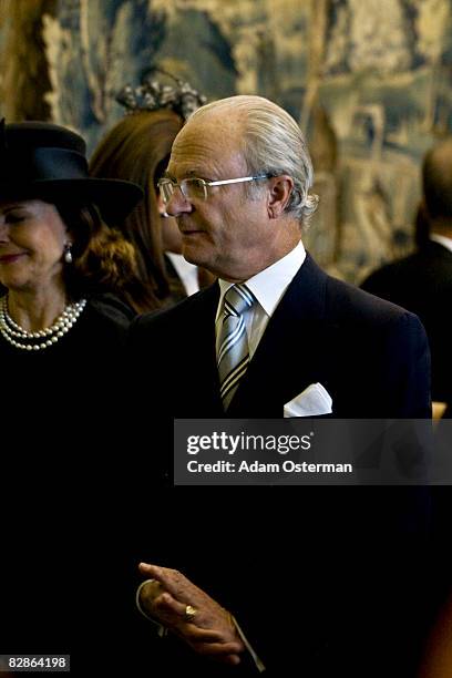 King Carl XVI Gustaf of Sweden and and Queen Silvia attend the opening of the new session of Parliament at The Riksdag on September 16, 2008 in...