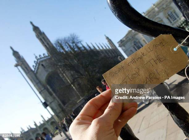 Passer-by looks, at one of the labels attached to the railing at Great St Mary s Church in Cambridge, where people have expressed their thoughts and...