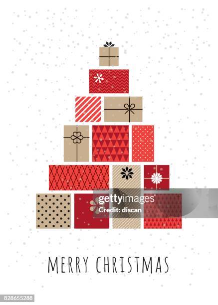 illustrazioni stock, clip art, cartoni animati e icone di tendenza di albero di natale fatto di scatole regalo - happy new year design