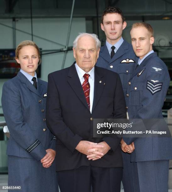 Dambusters veteran Ray Grayston and Flying Officer Paul Brant with young RAF trainees Flight Lieutenants Lucy Robinson and Stuart Molkenthin outside...