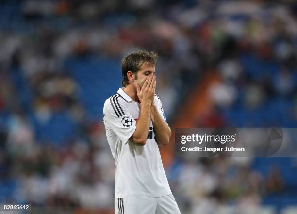 Rafael van der Vaart of Real Madrid reacts during the UEFA Champions League Group H match between Real Madrid and BATE Borisov at the Santiago...