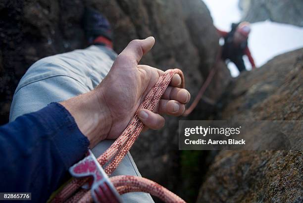 rope threaded through a belay device. - garantie stock-fotos und bilder