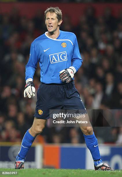 Edwin van der Sar of Manchester United in action during the UEFA Champions League match between Manchester United and Villarreal at Old Trafford on...