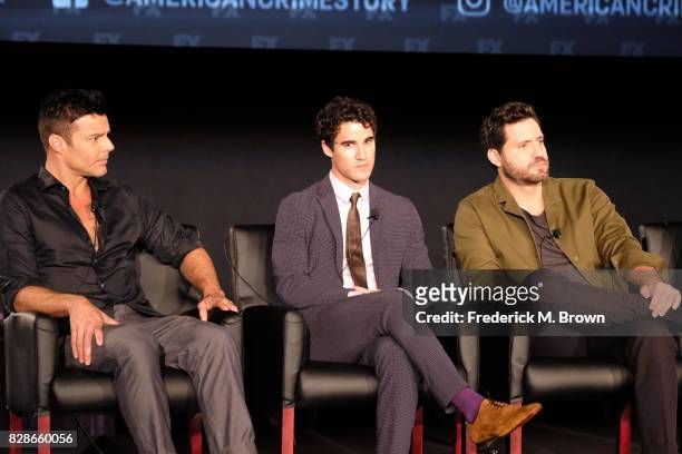 Actors Ricky Martin, Darren Criss, and Edgar Ramirez of 'The Assassination of Gianni Versace: American Crime Story' speak onstage during the FX...