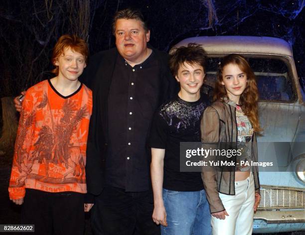 The stars of Harry Potter and the Chamber of Secrets, from left to right; Rupert Grint, Robbie Coltrane, Daniel Radcliffe Emma Watson during the...