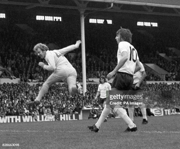 Leaping skipper Billy Bremner heads in to put Leeds a goal up after four minutes against Spurs at White Hart Lane, Tottenham.