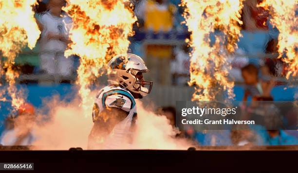 Thomas Davis of the Carolina Panthers is introduced during their preseason game against the Houston Texans at Bank of America Stadium on August 9,...
