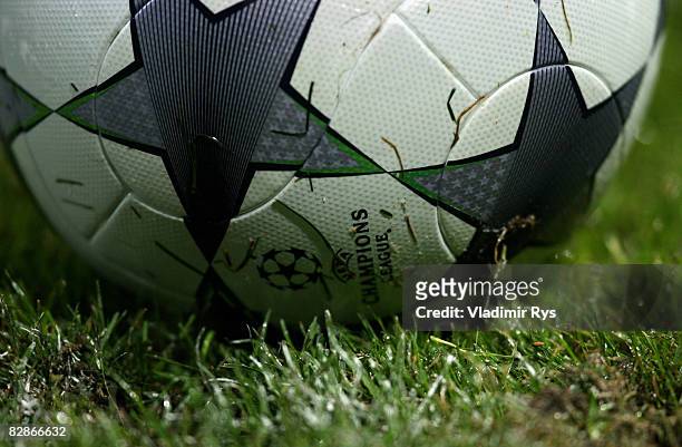 Detail view of a Champions League logo is seen on the ball during the UEFA Champions League Group F match between FC Steaua Bucuresti and FC Bayern...
