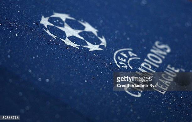 Drops of rain run over a Champions League logo during the UEFA Champions League Group F match between FC Steaua Bucuresti and FC Bayern Muenchen at...