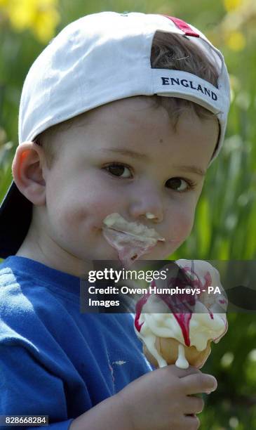 Leon Birkett age two enjoys an ice cream in Leazes Park Newcastle as temperatures hit 24 c. The unseasonal good weather has continued throughout the...