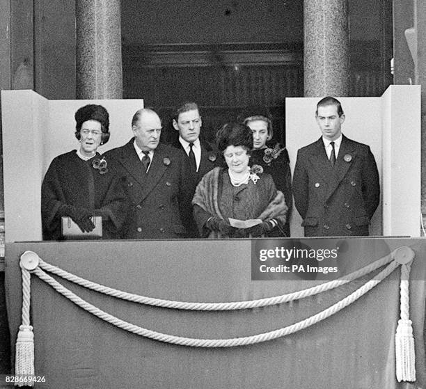 Queen Elizabeth the Queen Mother is pictured in a royal group on a Home Office balcony as, below, the Queen led the nation's homage to the dead of...