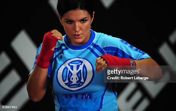 Superstar Gina Carano is seen during the Workout/Media Day with Kimbo Slice and Gina Carano at the Legends Mixed Martial Arts Training Center on...