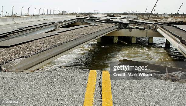 Bridge on Highway 87 suffered severe damage when Hurricane Ike came through the area, September 17, 2008 in Gilchrist, Texas. Hurricane Ike caused...
