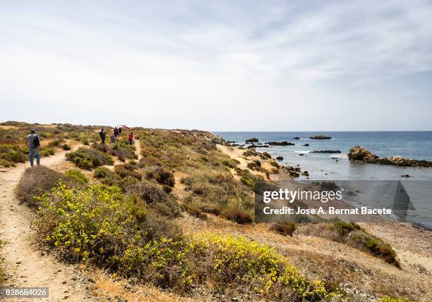 group of tourists visiting people, walking along a path near the coast of the sea, tabarca island, valencia, spain. - tabarca stock pictures, royalty-free photos & images