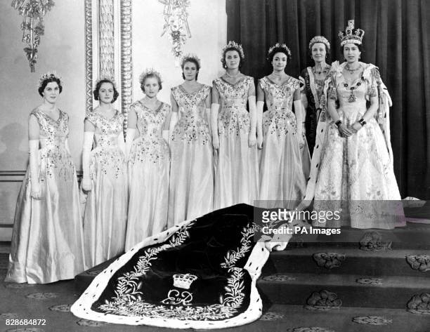 Queen Elizabeth II with her Maids of Honour after the Coronation. Left to right: Lady Moyra Hamilton; Lady Rosemary Spencer-Churchill; Lady Anne...